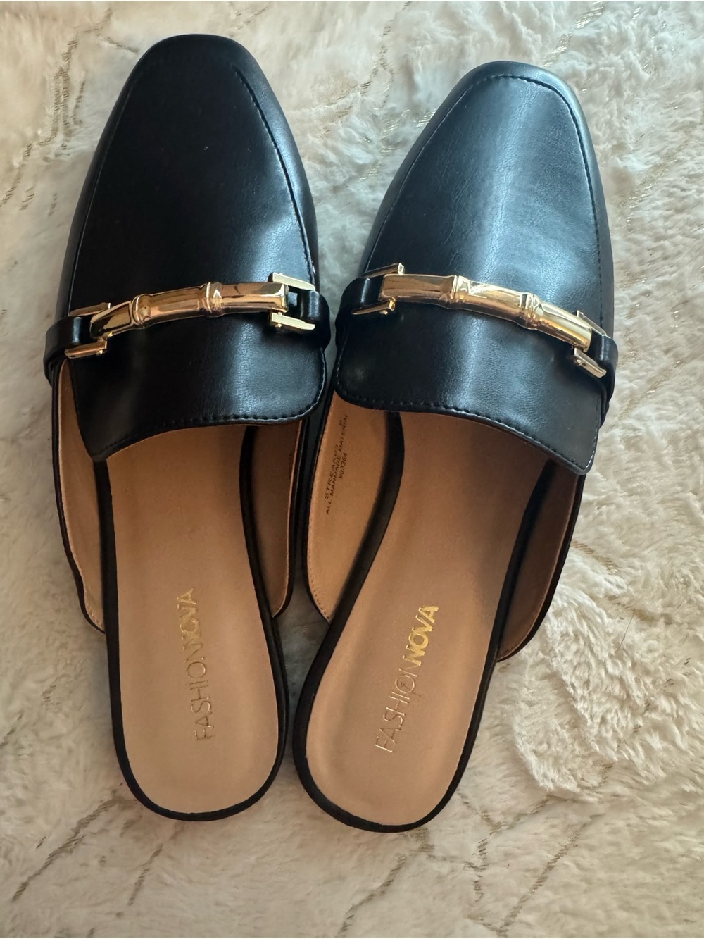 Fashion Nova Black Slip-On Mules with Gold Horsebit